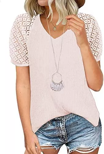 MEDUOLA Kurzarmblusen MEDUOLA Damen Spitzenbluse Elegantes Basic V-Ausschnitt Kurzarm T-Shirt Frau Transparent Mesh