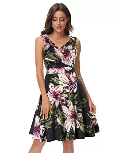 GRACE KARIN Cocktail GRACE KARIN Damen BlumenKleid Retro Rockabilly Knielang V Ausschnitt Kleider CL2811