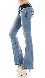 Trendstylez Jeans Trendstylez Damen Slim Fit Stretch Bootcut Schlag Jeans inkl. Gürtel Blue Washed W309