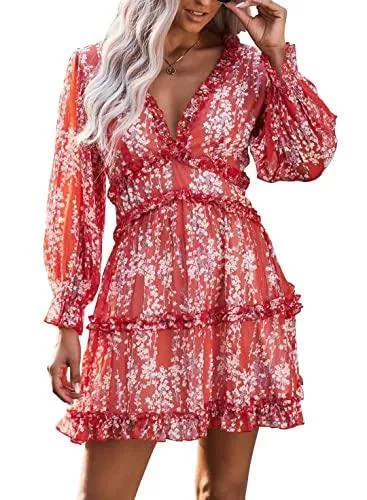 Dokotoo Freizeit Dokotoo Damen Casual Kleider V-Ausschnitt Kurz Sommerkleider Neckline Langarm-Blumendruck Minikleid S-XL