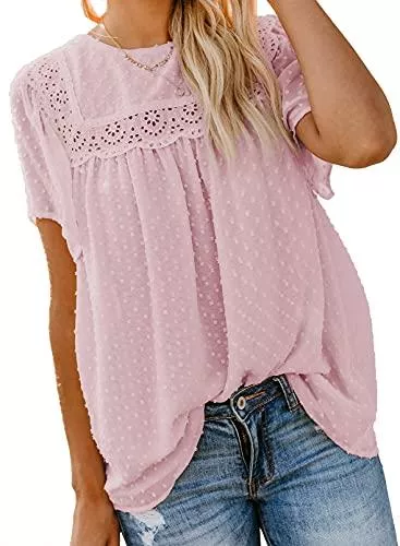 Jolicloth Kurzarmblusen Jolicloth Sommer Bluse Damen O-Ausschnitt Swiss Dot Shirt Solide Kurzarm Tops Lässige T-Shirt Oberteile für Damen Frauen