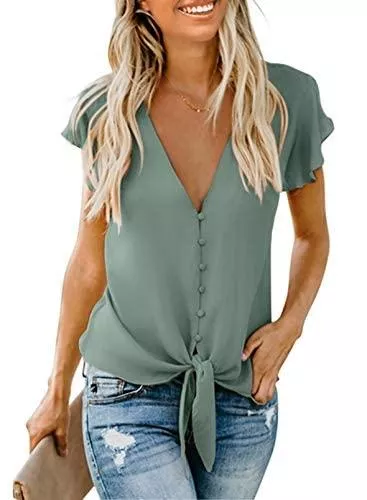 FIYOTE Kurzarmblusen FIYOTE Bluse Elegant Damen Hemd Lose Tops mit 3 4 Arm Knopf Top Tunika Chiffon Oberteile V-Ausschnitt Hemd Fledermausärmel Lose S/M/L/XL/XXL