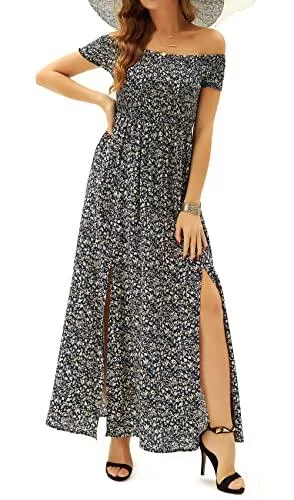 Livonmone Freizeit Livonmone Sommerkleid Damen Sommer Schulterfreies Kleid Maxi Kleider Strandkleid Wickelkleid Kurzarm Boho Blumenmuster Kleid Freizeitkleid Partykleid