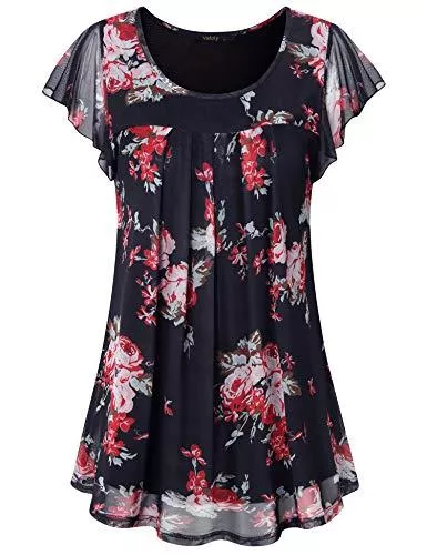 VAFOLY Kurzarmblusen Vafoly Damen Kurzarm Bluse Shirts Blumen Mesh Rundhals Falten Tunika Oberteile
