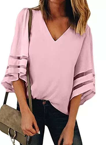 Dokotoo Kurzarmblusen Dokotoo Damen Bluse Elegant Chiffon Vintage Spitze Tops Hemd Lose Oberteile T-Shirt Tunika Elegant
