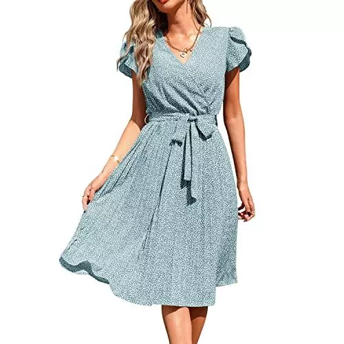 Yawcorp Freizeit Yawcorp Sommerkleid Damen Blumen Kurzarm V-Ausschnitt Strandkleid High Waist Midi Faltenrock Freizeit Knielang Kleider S-XL