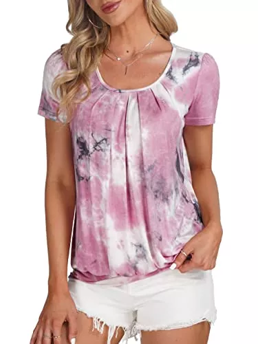 DJT FASHION Kurzarmblusen DJT FASHION Damen Falten Kurzarm T-Shirt Kurzarmshirt Rundhals Stretch Tunika
