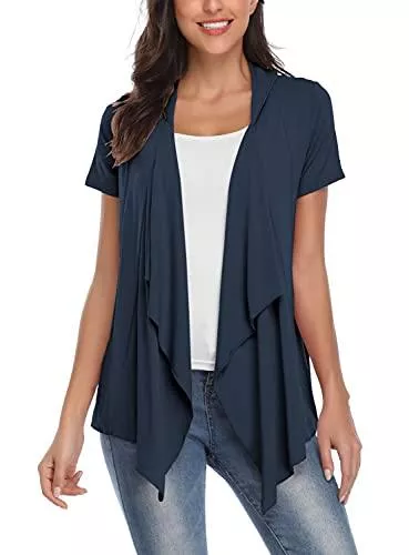 EXCHIC Strickjacken Damen Elegant Solide Kurzen Ärmel Strickjacke Casual Sommer Leichter Lockere Cardigan Blazer