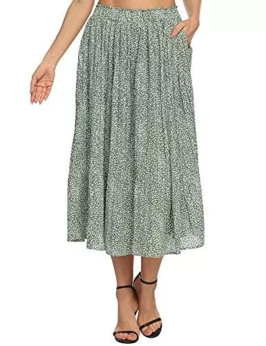 Parabler Röcke Parabler Damen Chiffon Rock Retro Midirock Elegant Polka Dot Faltenrock Casual Sommerrock Lang Strandrock mit Taschen