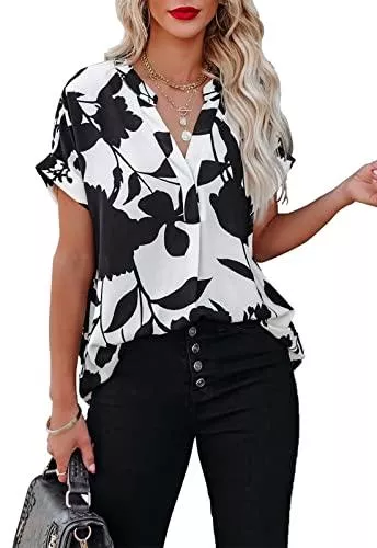ANCAPELION Kurzarmblusen ANCAPELION Damen Sommer Bluse Fashion Tuniken Hemd Kurzarm Shirt Casual Oberteile Lose Fit Top V-Ausschnitt Tunika für Frauen