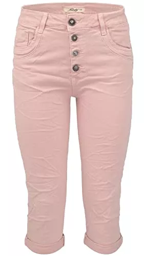 Jewelly Jeans Jewelly Damen Capri Jeans im Crash-Look | Boyfriend Hose mit sichtbarer Knopfleiste und mit Schmuckknöpfen