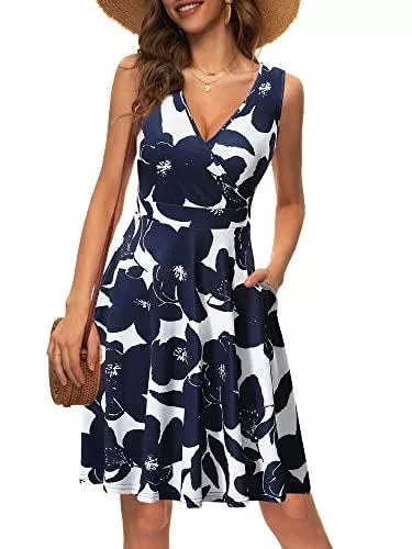MSBASIC Freizeit MSBASIC Sommerkleid Damen Strandkleid V-Ausschnitt Partykleid Swing Kleid mit Taschen Midikleid A Linie Wickelkleid Ärmelloses Tank Kleid Knielang