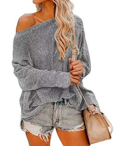 Auxo Pullover & Strickmode Auxo Damen Pullover Schulterfrei Langarmshirt Oversize Strickpullover Lose Sweatshirt Oberteil Tops