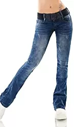 Label by Trendstylez Jeans Label by Trendstylez Damen Slim Fit Vintage Bootcut Stretch Hüft Jeans Schlag Hose Blue Washed W3003