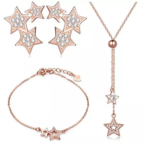 Yumilok Schmuck Yumilok Roségold 925 Sterling Silber Zirkonia Sterne Charm Armband Halskette Ohrstecker Schmuck Set Armkette Kette Ohrringe Set für Damen Mädchen