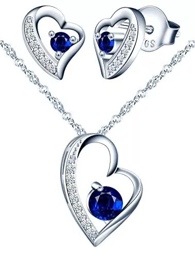 Yumilok Schmuck Yumilok Schmuckset Damen 925 Sterling Silber Halskette &amp; Ohrringe Set, Herz Anhänger mit 45cm Kette &amp; Ohrstecker mit blau Zirkonia für Mädchen