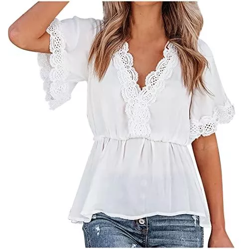 Masrin Kurzarmblusen Masrin Bluse Damen Einfarbig Blumenstickerei Wimpern Spitze Oberteile Sexy Pullover mit tiefem V Ausschnitt Mesh Patchwork Langarmhemden Bandage Draw Back Tunika Schmal Crop Tops