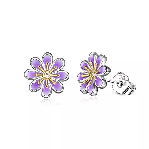 YAFEINI Schmuck Gänseblümchen Ohrringe Sterling Silber Kleine lila Gänseblümchen Blume Ohrstecker Schmuck Ohrstecker Geschenke für Damen Mädchen