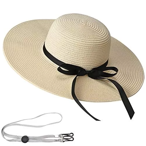 Exemaba Hüte & Mützen Exemaba Klappbarer Strohhut für Damen Große breite Krempe Bowknot Strandhut Floppy Sonnenhut