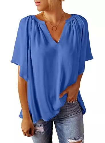 Elegancity Kurzarmblusen Elegancity Bluse Damen Chiffon Hemd V Ausschnitt Tunika Trompetenärmel Kurzarm mit Rüsche Elegant Einfarbig Sommer Blusen S-XXL