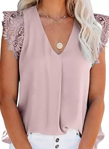 Uusollecy Ärmellose Blusen Uusollecy Damen Tank Top Sommer Ärmellose Chiffon Blusentop Spitzen V-Ausschnitt Weste Top Casual Shirt Tops Bluse