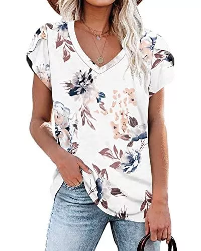 PLOKNRD T-Shirts PLOKNRD Damen Tops V-Ausschnitt Blütenblatt Ärmel T-Shirt Sommer Kausal Tunika