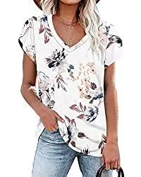 PLOKNRD T-Shirts PLOKNRD Damen Tops V-Ausschnitt Blütenblatt Ärmel T-Shirt Sommer Kausal Tunika