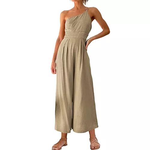BIBOKAOKE Jumpsuits BIBOKAOKE One Shoulder Jumpsuit Damen Elegant Spagettiträger Retro Overall Einfarbig Einteiliger Romper Hohe Taille Strampler Weites Bein Hosen Casual Loose Hosenanzug Business Spielanzug