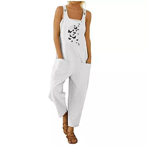 Estellor Jumpsuits Damen Latzhose Jumpsuit, Beiläufige Lose Lange Strampler Overall Ärmellos mit Eingrifftaschen Retro Sommer Einfarbig Blumen Drucken Spielanzug Rompers, Eleganter Strampler Overall Wide Leg Playsuit