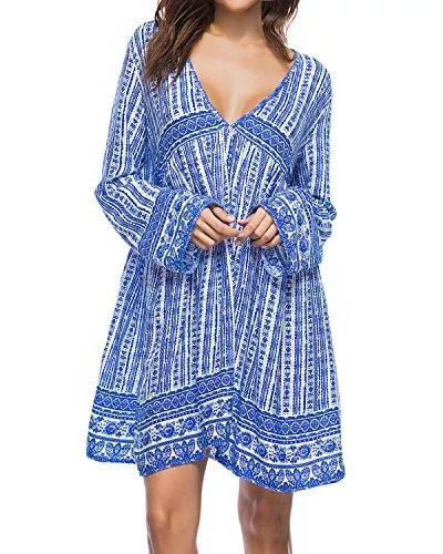Kidsform Freizeit Kidsform Damen Strandkleid Boho Tunika Sommerkleid V-Ausschnitt Blumenkleid Loose T-Shirt Kleid Floral Minikleid