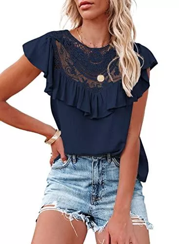 Aleumdr Kurzarmblusen Aleumdr Damen Spitze Bluse Tops Sommer Sexy Tunika Bluse Kurzarm Spitzen Hemd Blusen mit Rüschen Elegant Oberteile Bluse Tops