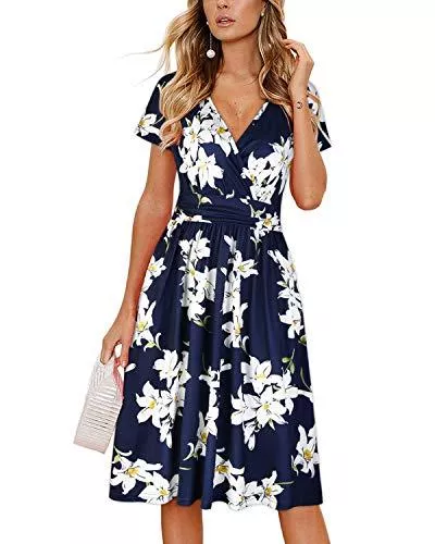 OUGES Freizeit OUGES Damen Sommerkleid Kurzarm V-Ausschnitt Knielang Blumenmuster Partykleid mit Taschen