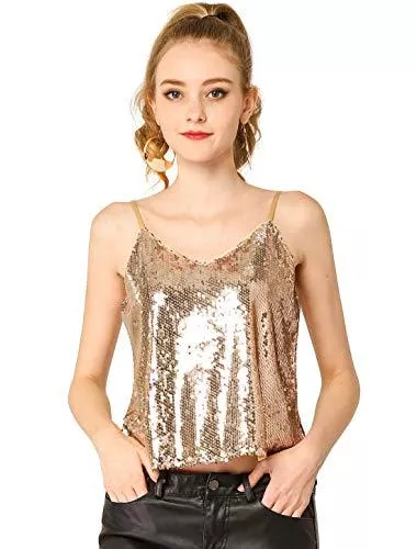 Allegra K Tops Allegra K Damen Spaghetti Glänzendes Camisole Club Party Sparkle Pailletten Crop Cami Tank Top