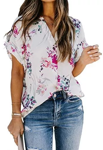 ANCAPELION Kurzarmblusen ANCAPELION Damen Sommer Bluse Fashion Tuniken Hemd Kurzarm Shirt Casual Oberteile Lose Fit Top V-Ausschnitt Tunika für Frauen