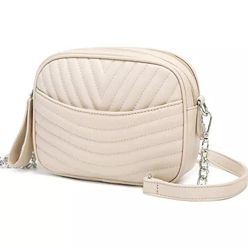 Waniki Taschen & Rucksäcke Waniki Kleine Umhängetasche Damen - Schultertasche Tasche Handtasche Kette Schulterriemen Abendtasche- Gesteppte Leder City Clutch Party Zip Crossbody Bag für Frauen (Beige)