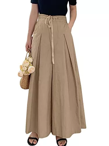 ZANZEA Hosen ZANZEA Damen Hose Hohe Taille Weite Beine Freizeithose Baumwolle Schlaghose High Waist Pants