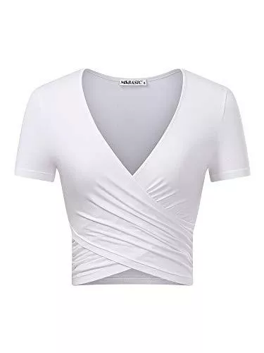 MSBASIC Kurzarmblusen MSBASIC Crop Top Damen Bauchfrei Top V Ausschnitt T-Shirt Cropped Top