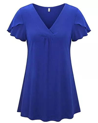 Moyabo Kurzarmblusen Moyabo Damen Falten Kurzarm Bluse V Ausschnitt Solide Tunika Rüschen Sommer Basic Oberteil