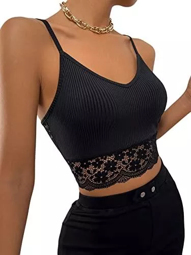 SheIn Tops SheIn Damen Kontrast Spitzen Cami Top Bauchfrei Spaghettiträger Cropped Camisole Tanktop Ärmellos Strick Oberteil mit V-Ausschnitt
