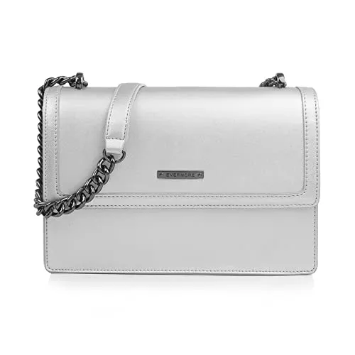 EVERMORE Taschen & Rucksäcke EVERMORE Umhängetasche Damen Handtasche Silber Schultertasche Frauen Kettentasche Mittelgroß Arbeitstasche Magnetknopf Klassisch für Arbeit Einkaufen Party Reisen 26x9x18cm