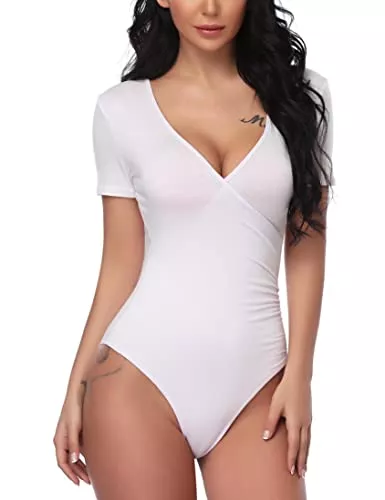 N\B Kurzarmblusen Damen Kurzarm Body Elastisch Damenbody Stringbody Overall Bodysuit Top mit Tiefem V-Ausschnitt