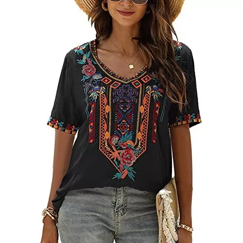 Vakakado Kurzarmblusen Vakakado Damen Sommer Boho Stickerei Mexikanisch Bohemian Tops Bauer Halbarm V-Ausschnitt Shirt Tunika Blusen