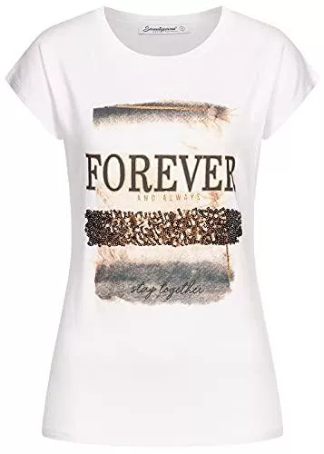 Seventyseven Lifestyle T-Shirts Seventyseven Lifestyle Damen T-Shirt mit Paillettenfront Herz Happy Print Weiss