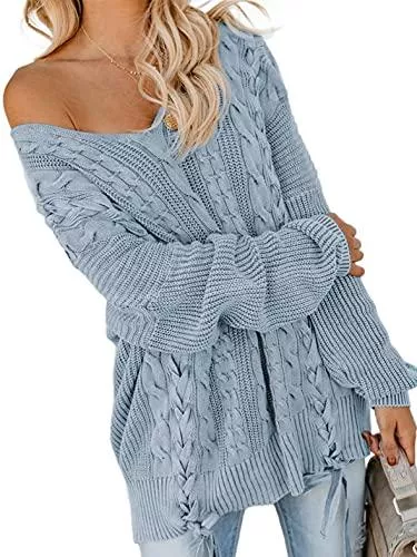 Happy Sailed Pullover & Strickmode Happy Sailed Damen V-Ausschnitt Langarm Strickpullover Strickpulli Stricksweater Stricksweatshirt Strick Langarmshirt S-XL