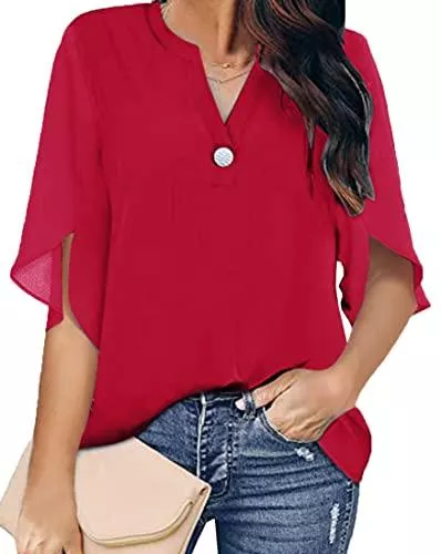 OLIPHEE Kurzarmblusen OLIPHEE Damen Bluse Elegant Lose Hemd mit 3/4 Arm Knopf T-Shirts Tunika Oberteile V-Ausschnitt Fledermausärmel Tops