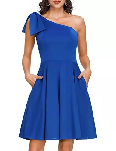 JASAMBAC Party JASAMBAC Damen Schleife One Shoulder Kleid mit Taschen A-Linie Cocktailkleid Partykleid