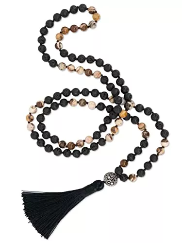 BENAVA Schmuck BENAVA MALA Kette 108 Lavastein Perlen und Buddha Anhänger mit Quaste Lang Schwarz Silber