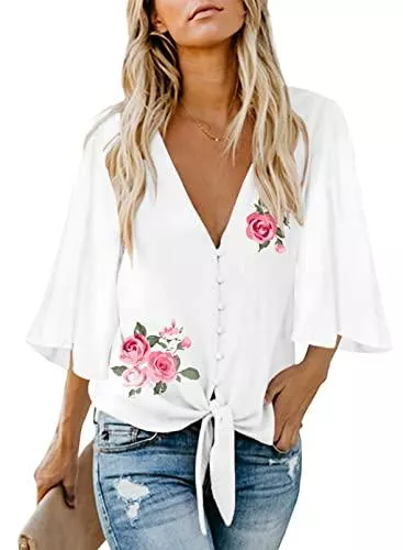 Elegancity Kurzarmblusen Elegancity Damen Bluse V-Ausschnitt Lose Seiden Tunika Fledermausärmel Hemd Casual Tops T-Shirt Oberteile S-2XL