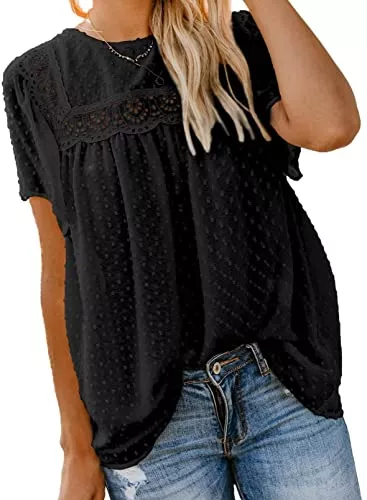 Reukree Kurzarmblusen Reukree Damen Blusen Sommer Rundhals Spitze Langerm Tops Casual Tuniken Sommer T-Shirt Elegante Blusen S-2XL