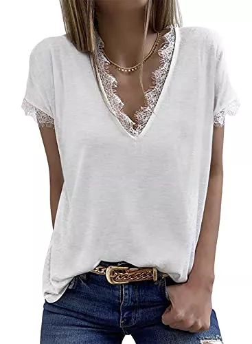 Elegancity Kurzarmblusen Elegancity Damen Bluse Spitzen Hemd V Ausschnitt Elegant Kurzärmel Tunika Dame Blusen Tops Oberteile S-2XL